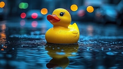 Yellow rubber duck in puddle at night