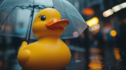 Yellow rubber duck under a clear umbrella in the rain. City street