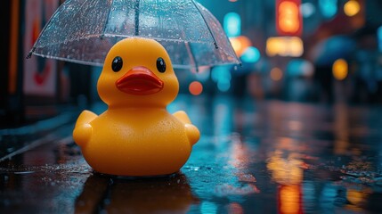 Yellow rubber duck under a clear umbrella in a rainy city street