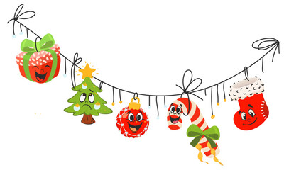 Garland with funny emotional Christmas toys drawn in doodle style.