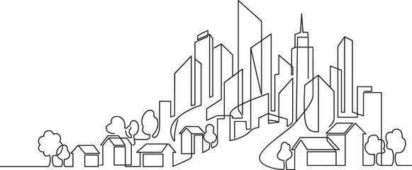 Modern city skyline line art illustration, urban buildings and suburban houses landscape design, architectural concept, cad drawing flat vector illustration