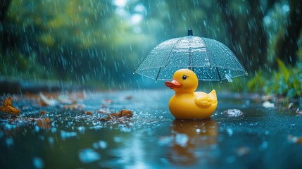 Yellow rubber duck under clear umbrella in rainy forest