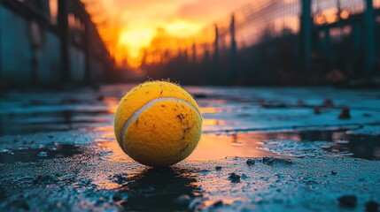 Yellow tennis ball in puddle, sunset backdrop