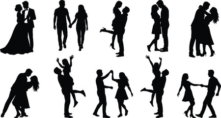 Romantic couple silhouettes collection illustration, men and women dancing hugging kissing poses set, love relationships concept, cad drawing flat vector illustration