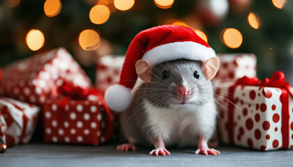 Cute Rat Wearing Santa Hat with Christmas Decorations