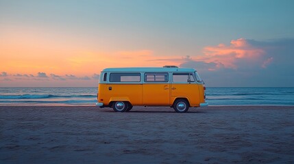 Yellow van on beach at sunset
