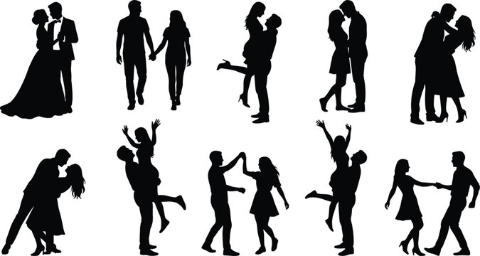 Romantic couple silhouettes collection illustration, men and women dancing hugging kissing poses set, love relationships concept, cad drawing flat vector illustration