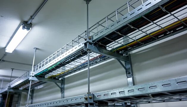 Industrial cable management system installation for data center infrastructure and network wiring solutions.