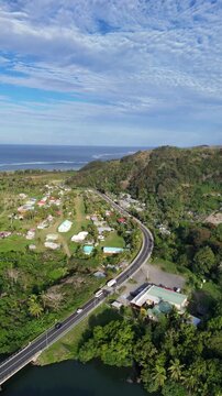 Drone shot of coastal village in Fiji, Vatukarasa