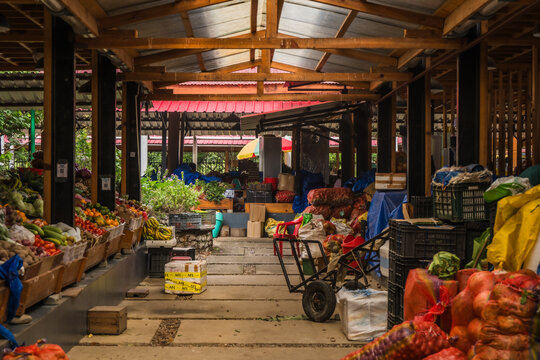 Trongsa, Bhutan - 20 September 2025: View of the vibrant Kazja Throm Market, alive with the colors of fresh produce under the sturdy wooden beams.