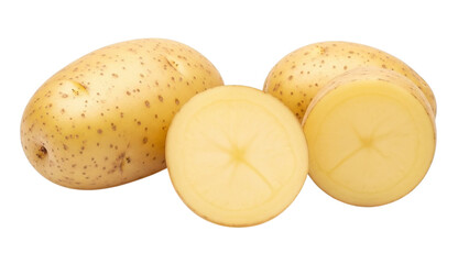 Whole and sliced yellow potatoes with brown speckles on striped background sliced potato