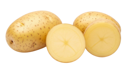 Whole and sliced yellow potatoes with brown speckles on striped background sliced potato