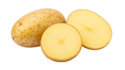 Whole and sliced yellow potatoes with brown spots on white background whole potato sliced potato