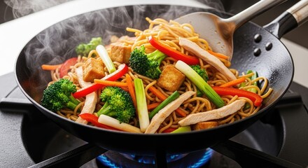 A pan of stir-fried vegetables and noodles with a spatula in the process of stirring the dish.