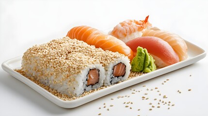 Assorted sushi and sashimi on white platter with wasabi