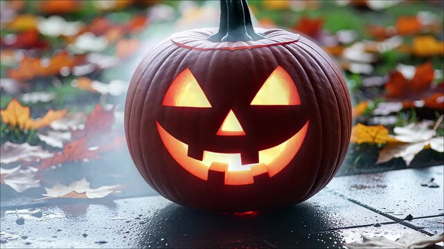 A spooky carved orange pumpkin with a scary smiling face sits as a Halloween jack o lantern decoration in a dark autumn garden during the October holiday season