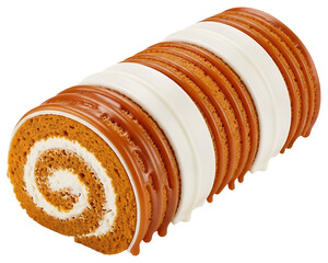 Delicious Caramel roll cake with cream filling isolated on a transparent background
