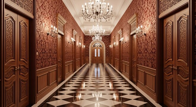 Elegant hallway interior with ornate doors and chandelier lighting