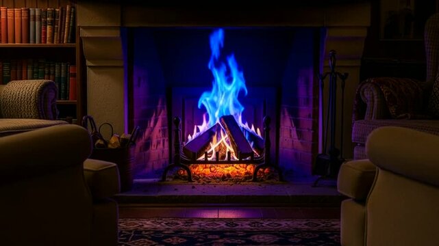 Color Changing Fireplace Flames in a Cozy Living Room Scene with Moving Fire Effects