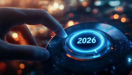 Futuristic car dashboard with digital 2026 button