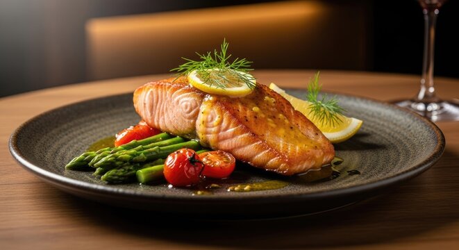 A beautifully plated salmon dish with asparagus and cherry tomatoes on a rustic wooden table. - Powered by Adobe
