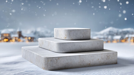 Snowy winter landscape with empty stone podium, soft snowfall, blurred village background, cold atmosphere, peaceful and serene mood
