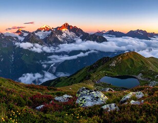 Obraz premium Scenic alpine vista golden peaks, cloud inversion, green slopes, wildflowers, & a tiny lake under a blue and pink sky