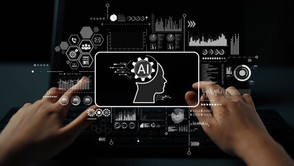 Hands Typing on Laptop with AI Graphics and Data Visualizations in Modern Office Environment. Asymptotic smart data analytic.