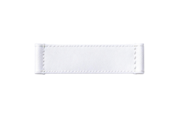 Plain white rectangular fabric label with stitching details