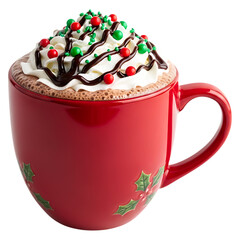 Festive holiday hot chocolate in a red mug with whipped cream and sprinkles isolated on a transparent background