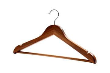 A wooden clothes hanger with a metal hook for hanging clothes