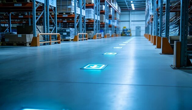 Warehouse safety floor markers pathway guiding movement inside a storage facility aisle motion, direction.