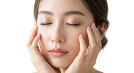 Young asian woman with closed eyes touching her face isolated on transparent background
