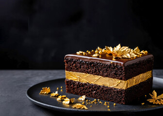 Fototapeta premium Luxury dark chocolate cake with edible gold leaf, glossy texture, and dramatic lighting, providing a premium editorial and gourmet look.