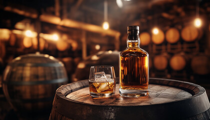 Whiskey bottle and glass on barrel in aging cellar