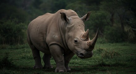 Naklejka premium A majestic white rhinoceros stands in a lush green field, its powerful presence commanding attention.