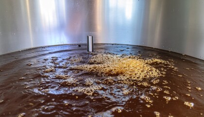 Closeup of a cylindrical tank with swirling liquid contents featuring a central pipe and bubbles forming on the surface