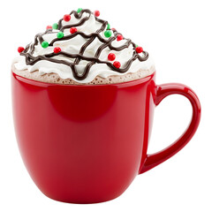 Festive holiday hot chocolate in a red mug with whipped cream and sprinkles isolated on a transparent background