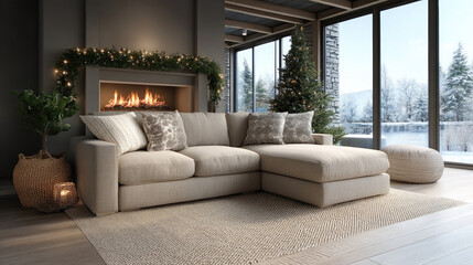 Fototapeta premium Cozy modern living room with beige sectional sofa, fireplace, Christmas tree, large windows, winter landscape, and warm holiday ambiance
