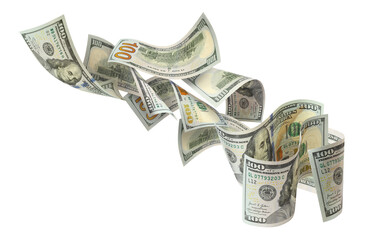 Flying hundred dollar bills, isolated on transparent cutout background