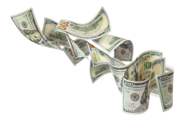 Flying hundred dollar bills, isolated on transparent cutout background