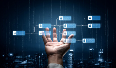 Blockchain structure showing distributed data blocks linked with encryption, representing secure transaction verification, decentralized control, and immutable record system Vouch