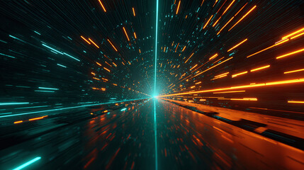 A tunnel of light in blue and orange colors. This image creates a sense of speed, motion, and digital innovation