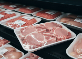 Fresh prepackaged pork chop meat in a refrigerated display case at a grocery store, ready for customer purchase and dinner preparation.