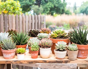 Succulents in terracotta pots on a wooden table outdoors