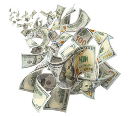 Flying hundred dollar bills, isolated on transparent cutout background