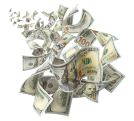 Flying hundred dollar bills, isolated on transparent cutout background