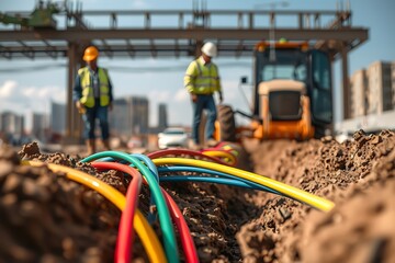 Construction workers installing fiber optic cable during golden hour in a rural area. Teamwork supports a modern telecom infrastructure project connecting homes with fast, reliable digital.