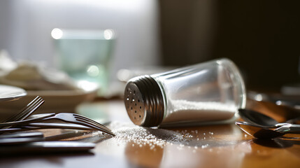 epilogue. An overturned salt shaker on a dining table with scattered utensils in natural window light. menu design, packaging mockups, designed for culinary blogs and recipe cards for restaurants.