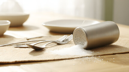 epilogue. An overturned salt shaker on a dining table with scattered utensils in natural window light. menu design, packaging mockups, designed for culinary blogs and recipe cards for restaurants.